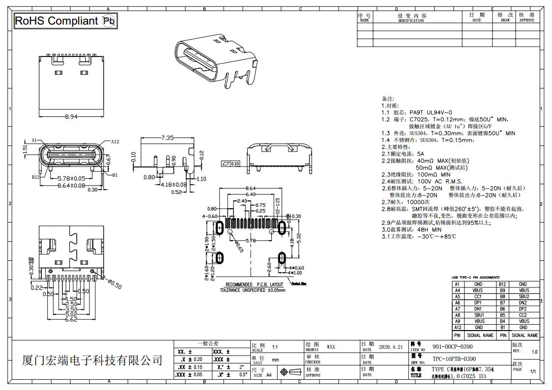 TYPE-C连接器尺寸图